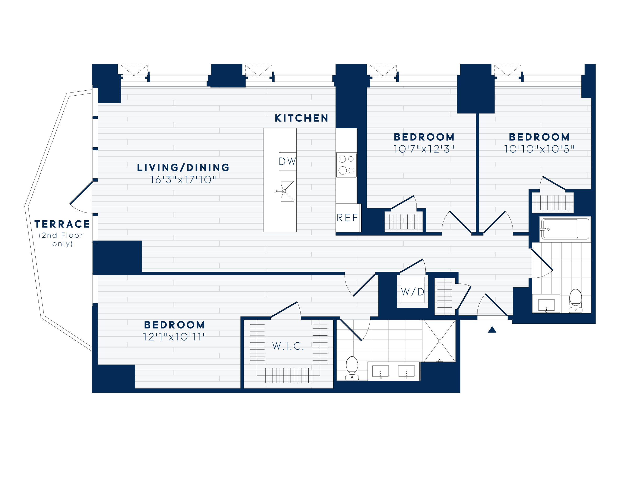 Floor plan for 3 beds, 2 baths, 1423 sqft