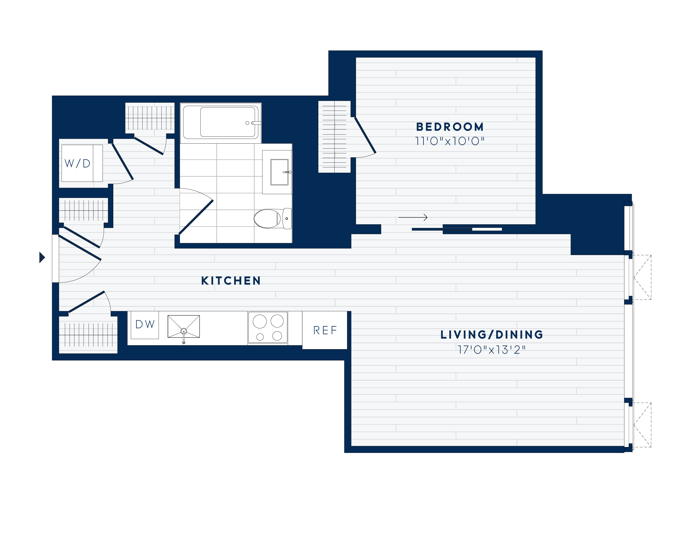 Floor plan for 1 bed, 1 bath, 658 sqft