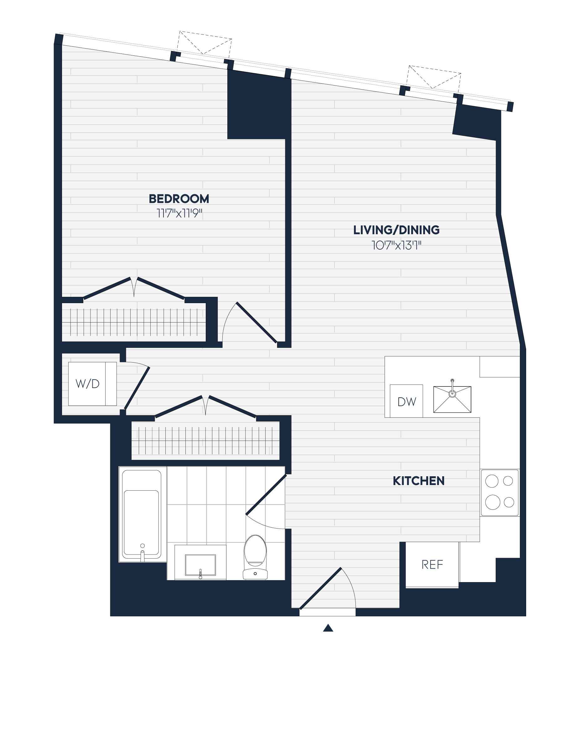 Floor plan for 1 bed, 1 bath, 700 sqft