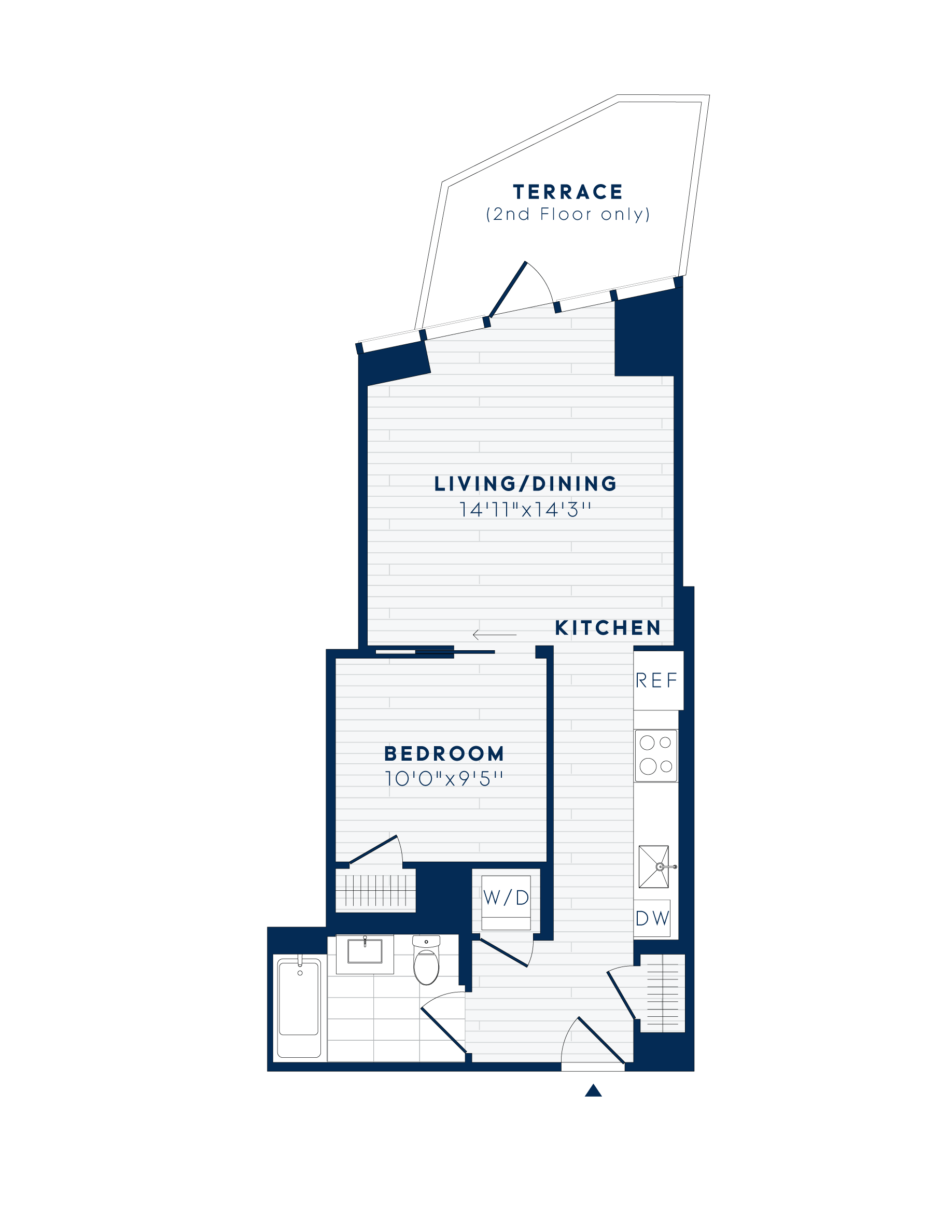 Floor plan for 1 bed, 1 bath, 584 sqft