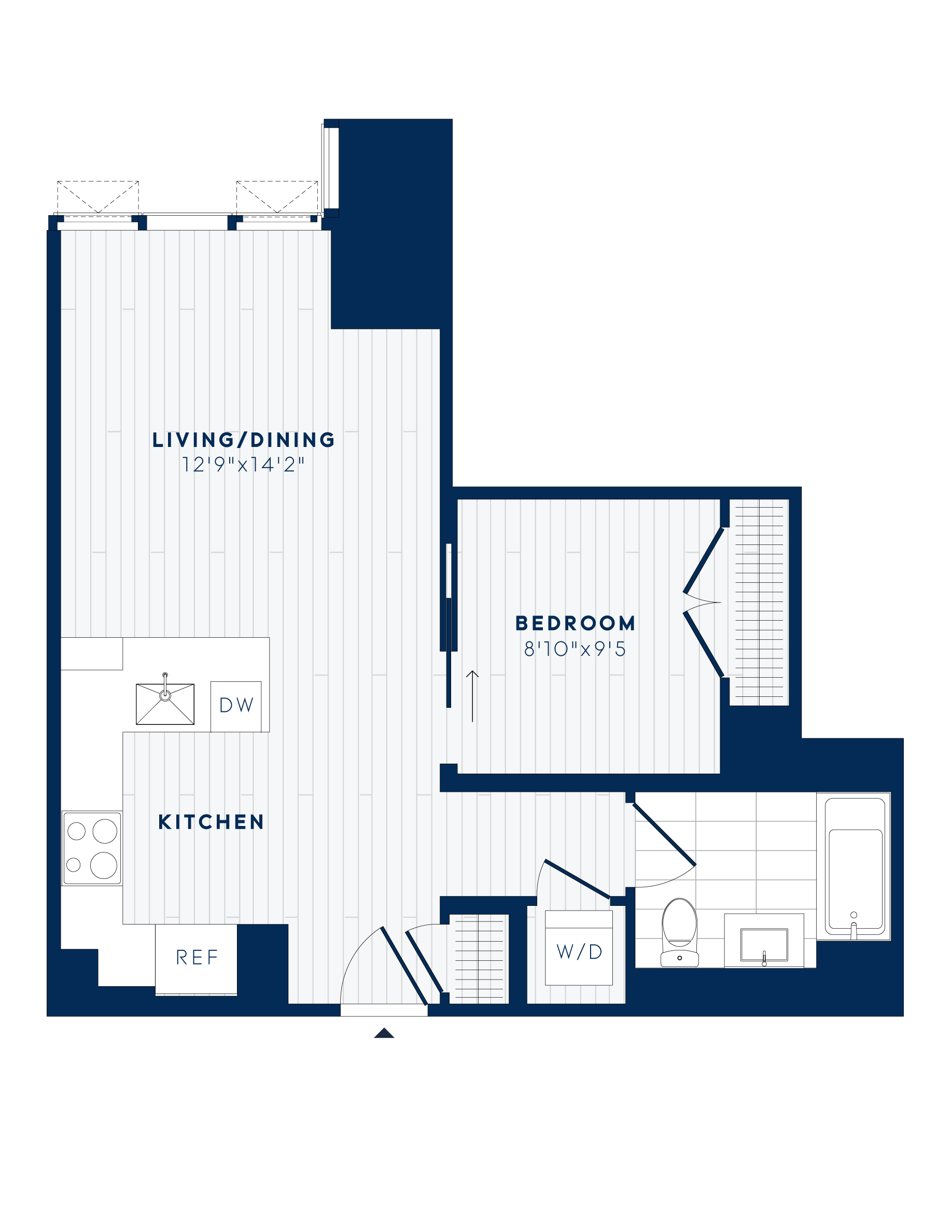 Floor plan for 1 bed, 1 bath, 602 sqft