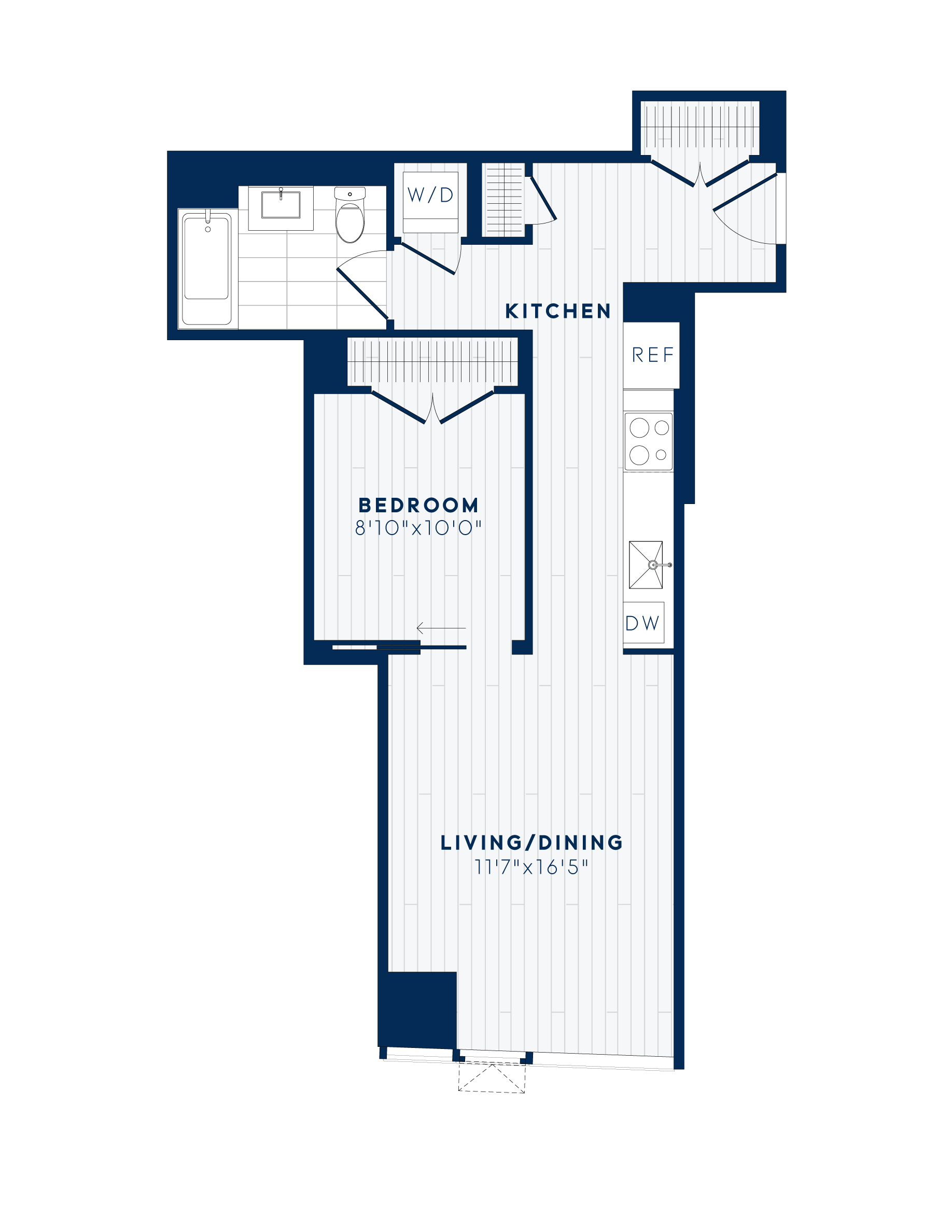 Floor plan for 1 bed, 1 bath, 628 sqft