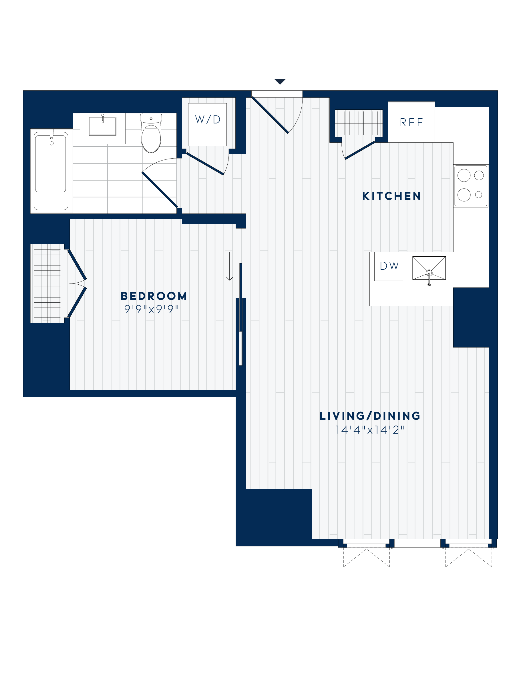 Floor plan for 1 bed, 1 bath, 627 sqft