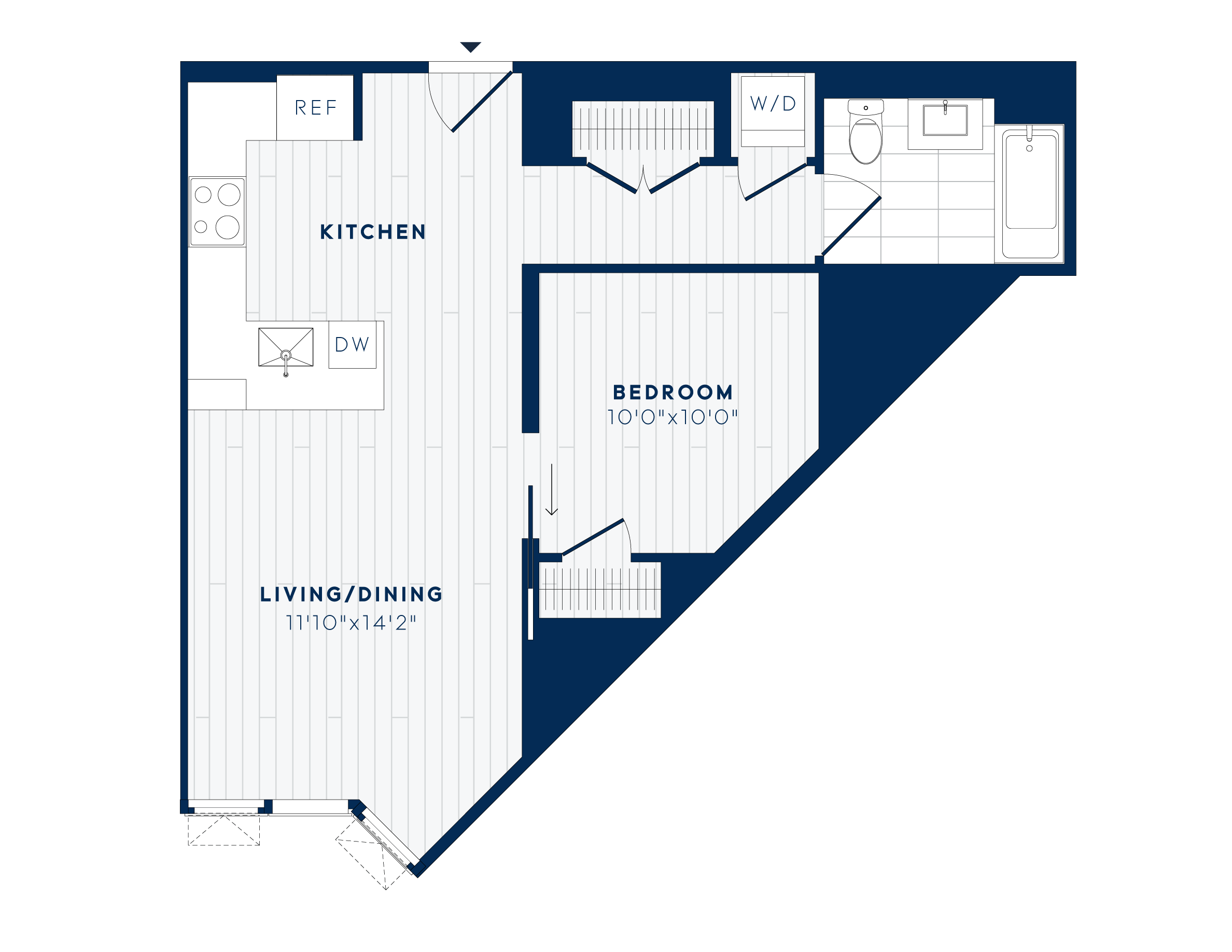 Floor plan for 1 bed, 1 bath, 631 sqft