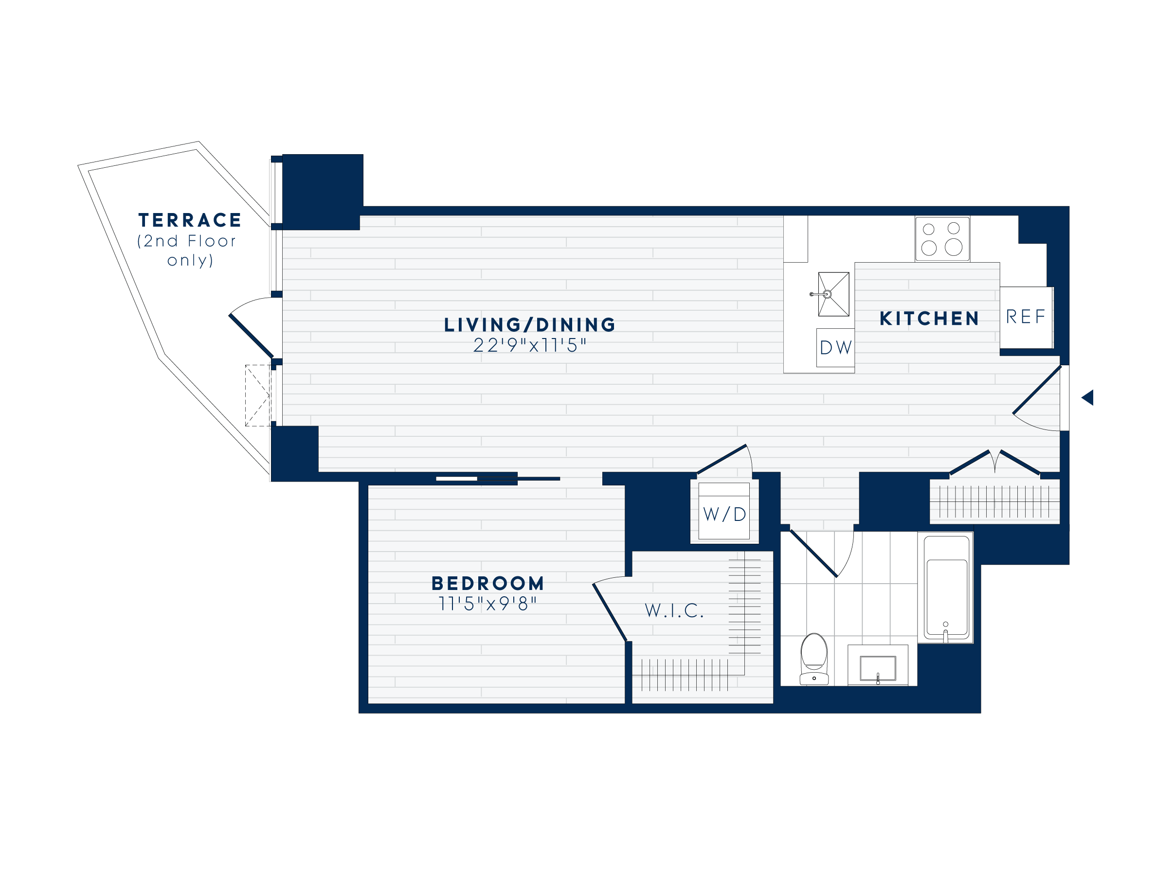 Floor plan for 1 bed, 1 bath, 699 sqft