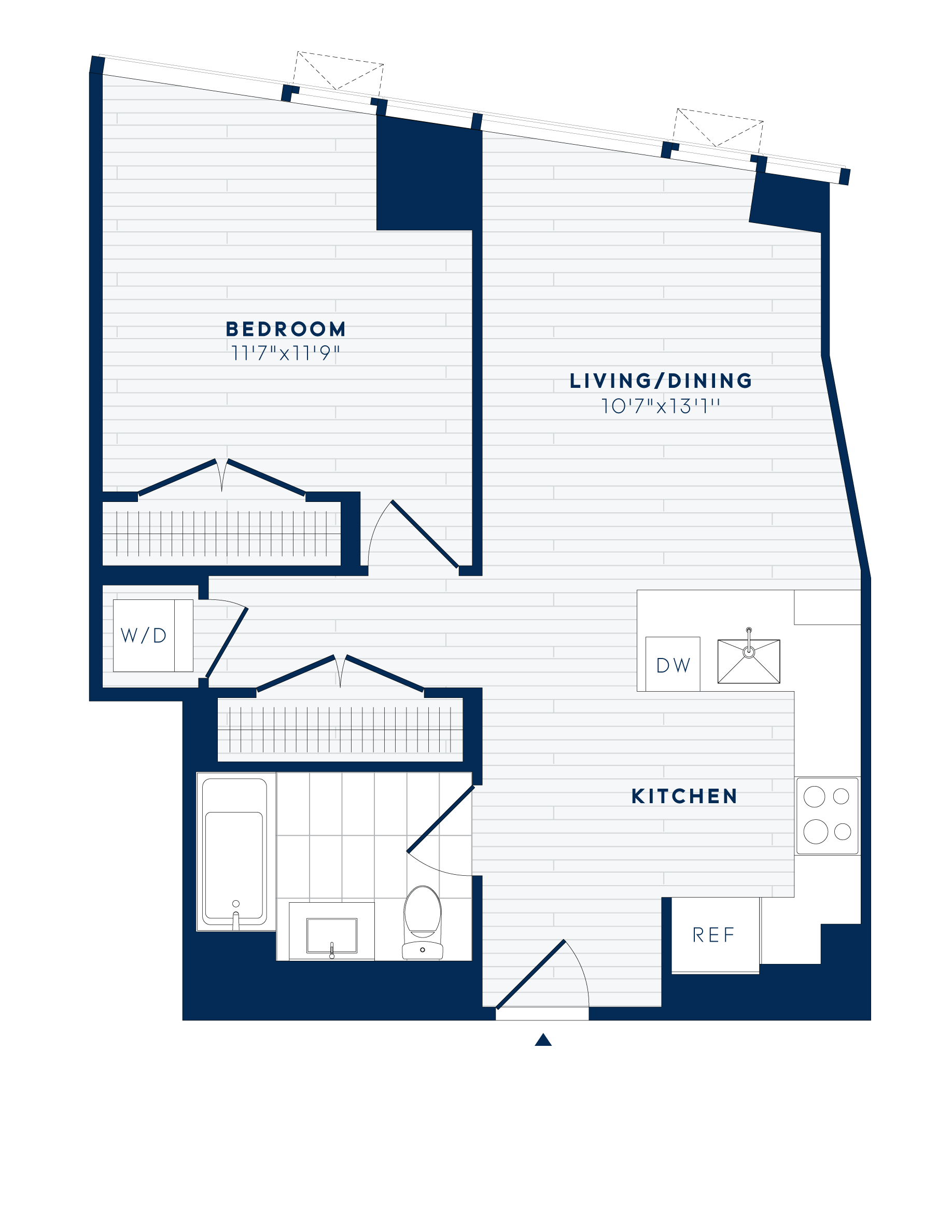 Floor plan for 1 bed, 1 bath, 728 sqft
