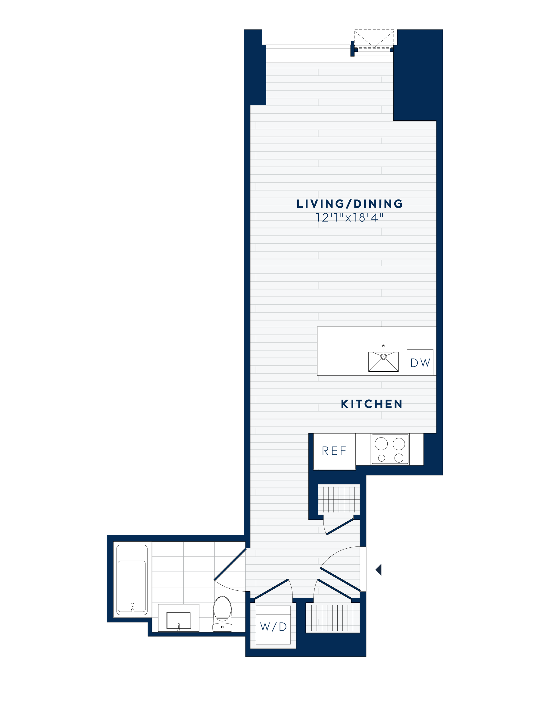Floor plan for studio, 1 bath, 509 sqft