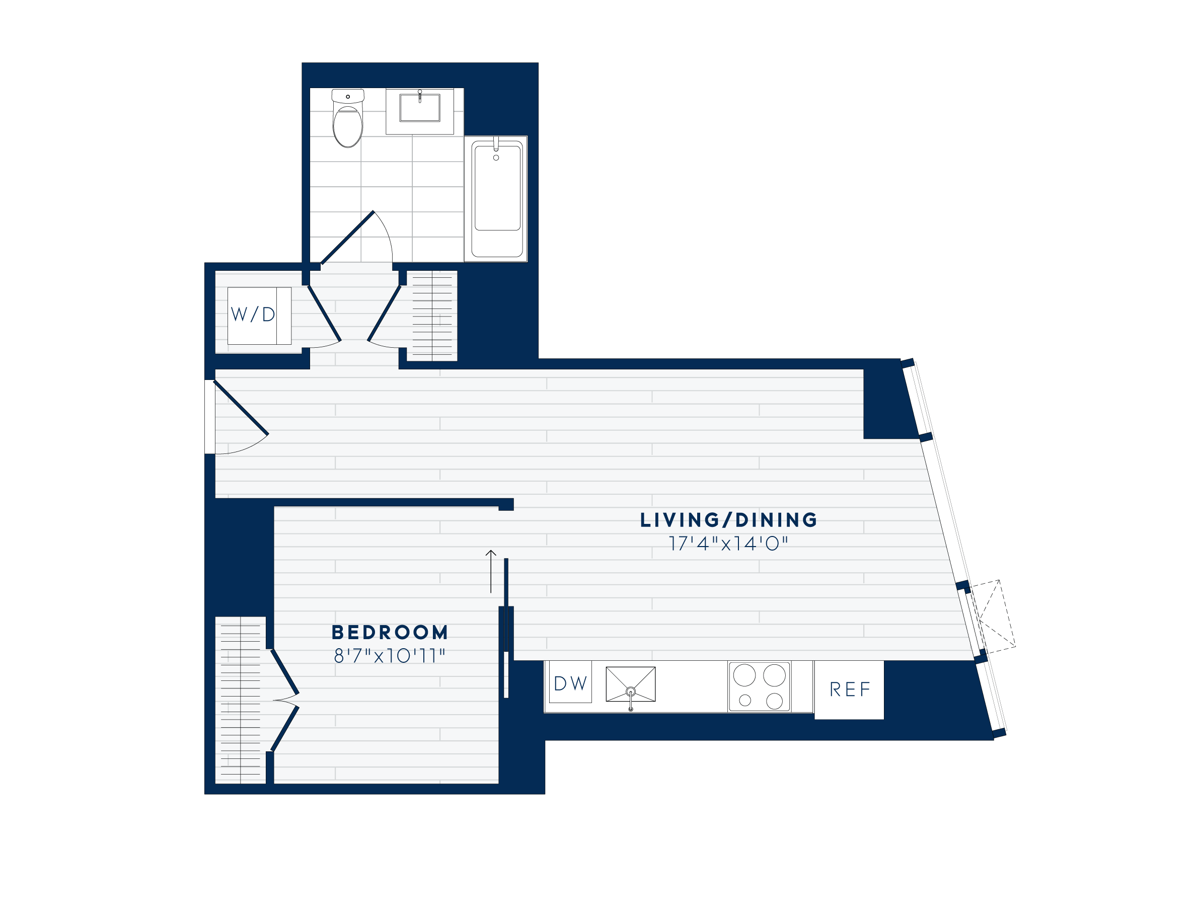 Floor plan for 1 bed, 1 bath, 584 sqft