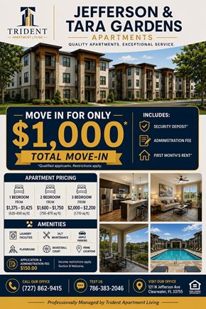 Largo apartment for rent - A promotional poster for Jefferson & Tara Gardens apartments offering a $1,000 total move-in value.