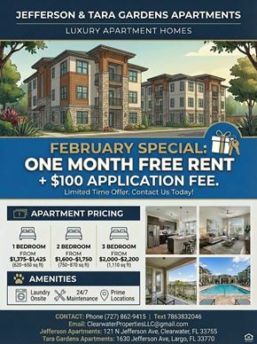 Largo apartment for rent - An advertisement for Jefferson & Tara Gardens Apartments offering a special February promotion.