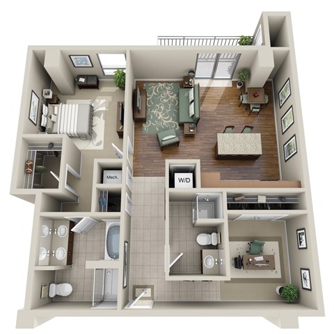 Floor plan for 1 bed, 2 baths, 1043 sqft