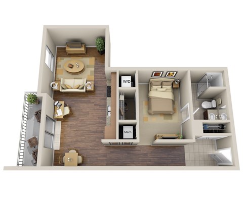 Floor plan for 1 bed, 1 bath, 689 sqft