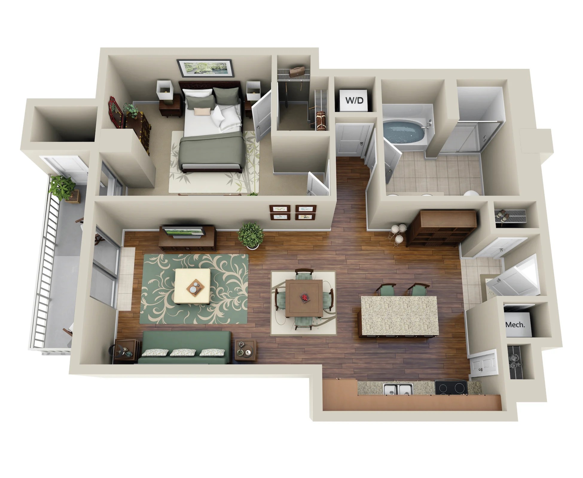 Floor plan for 1 bed, 1 bath, 737 sqft