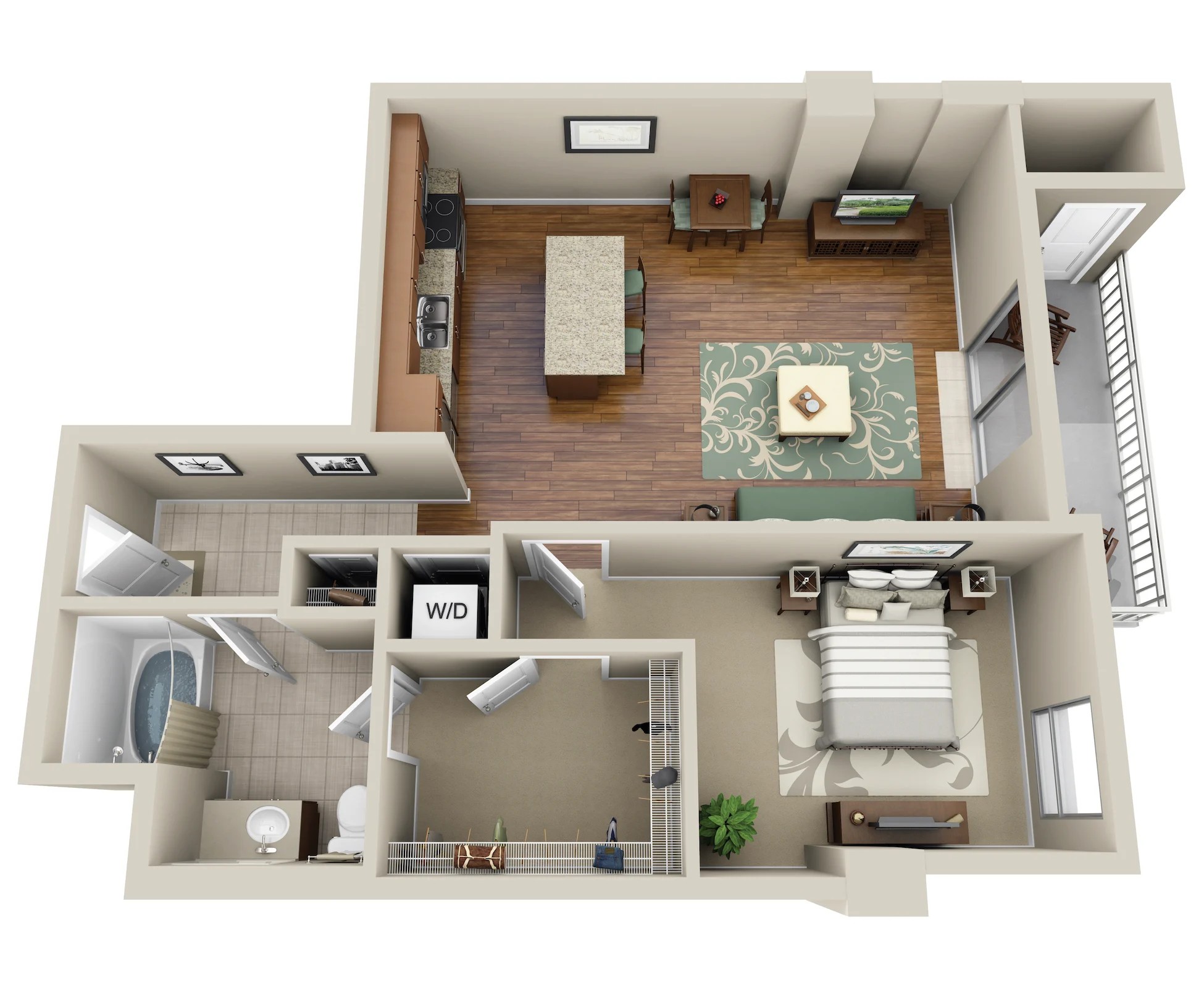 Floor plan for 1 bed, 1 bath, 773 sqft