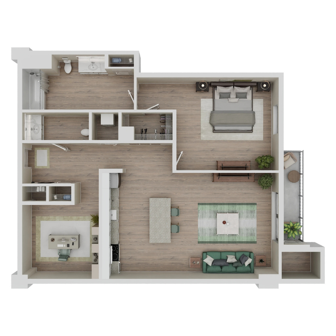 Floor plan for 1 bed, 1 bath, 848 sqft