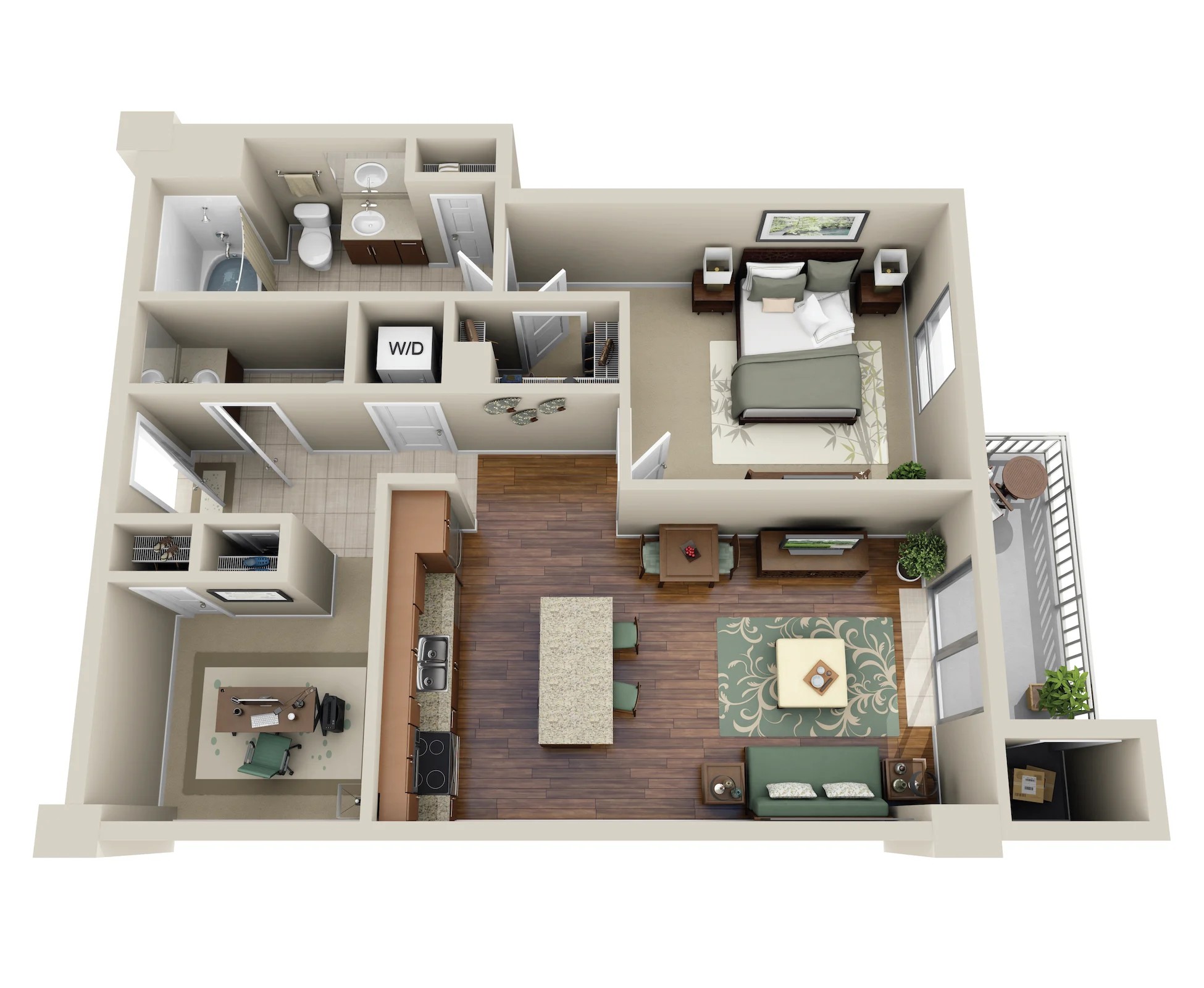 Floor plan for 1 bed, 1 bath, 848 sqft