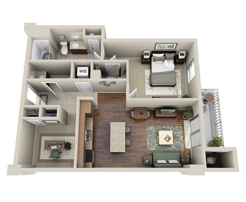 Floor plan for 1 bed, 1.5 baths, 848 sqft