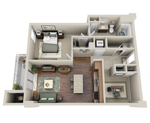 Floor plan for 1 bed, 1.5 baths, 860 sqft