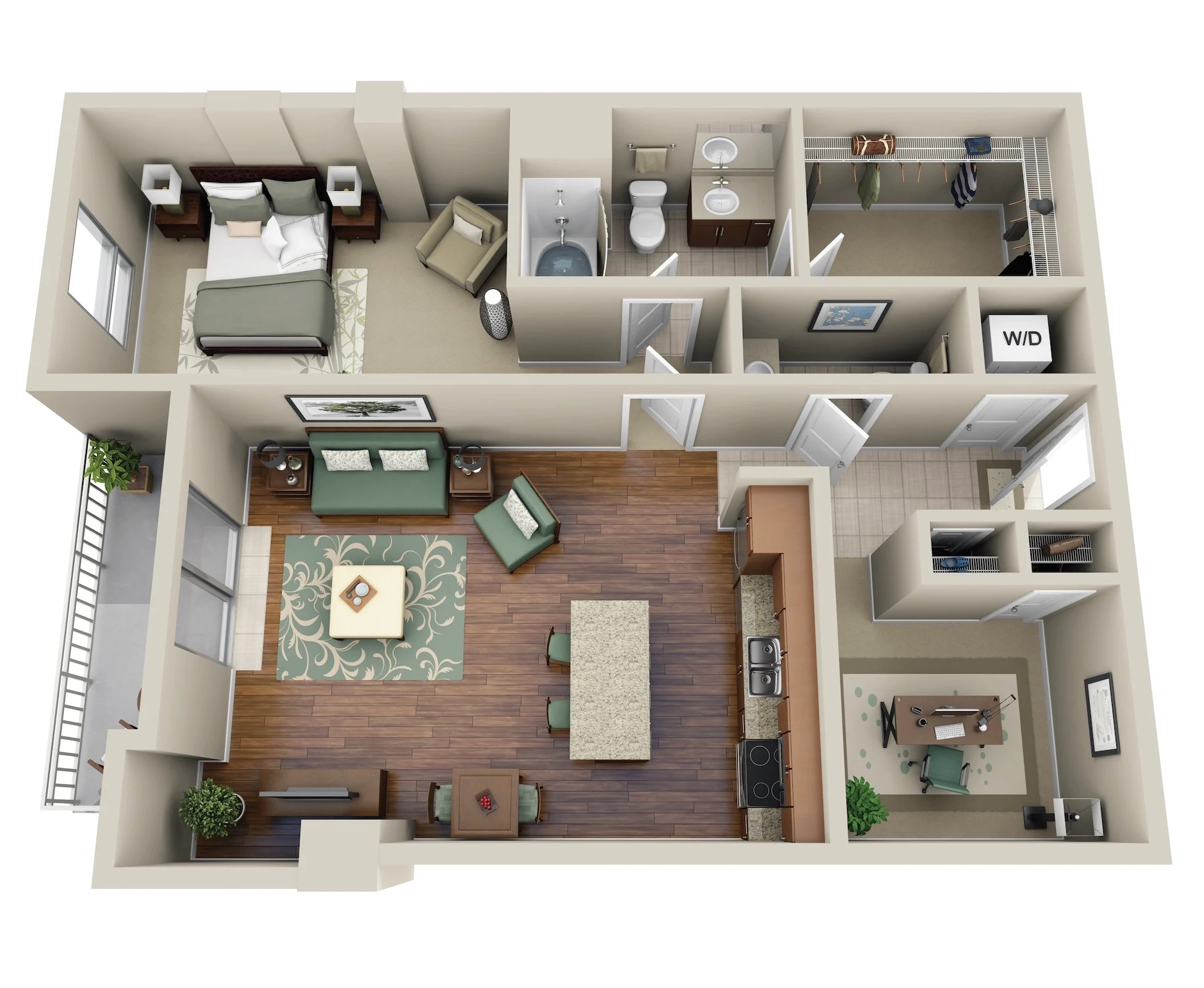 Floor plan for 1 bed, 1 bath, 971 sqft