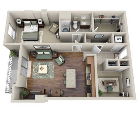 Floor plan for 1 bed, 1.5 baths, 971 sqft