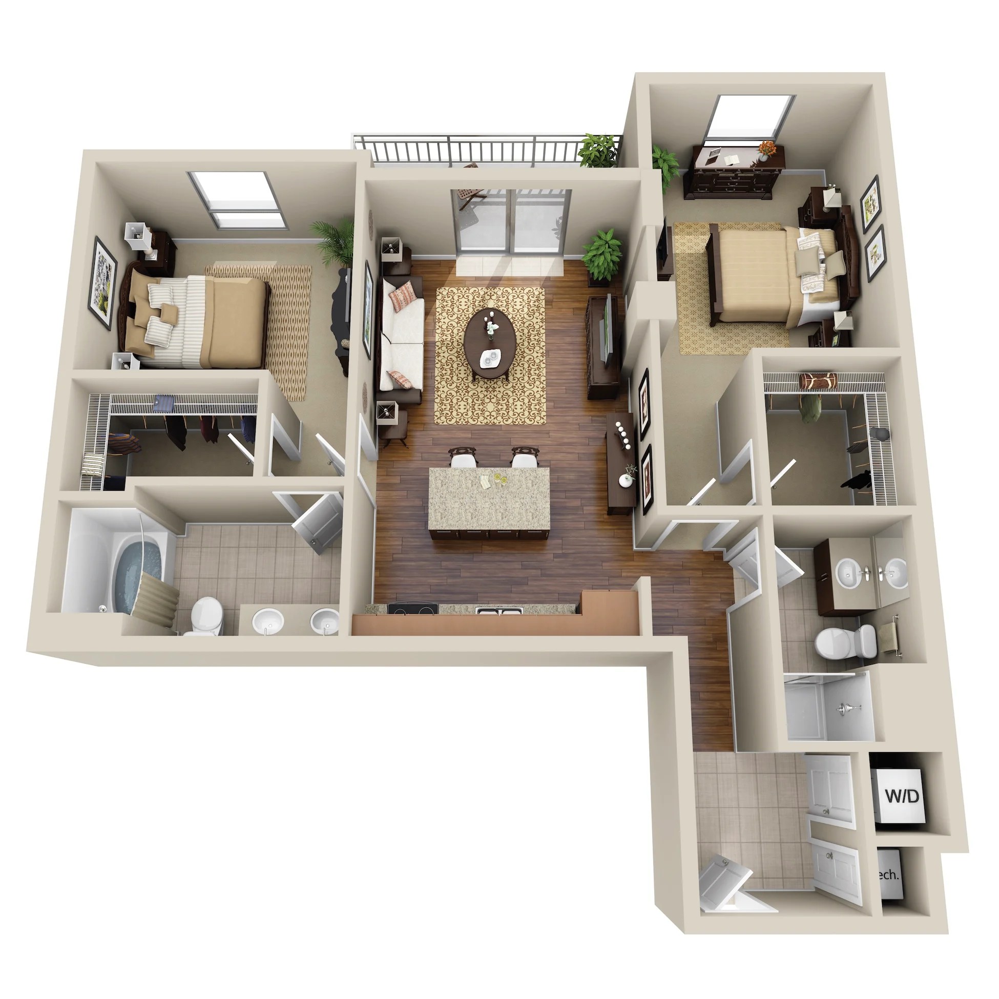 Floor plan for 2 beds, 2 baths, 998 sqft