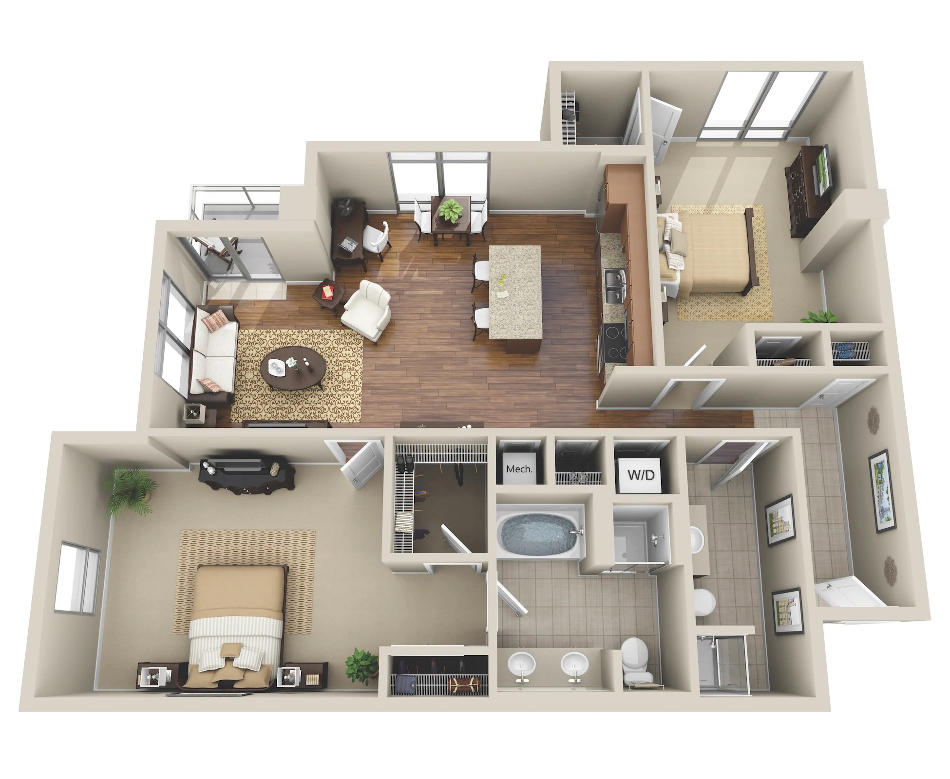 Floor plan for 2 beds, 2 baths