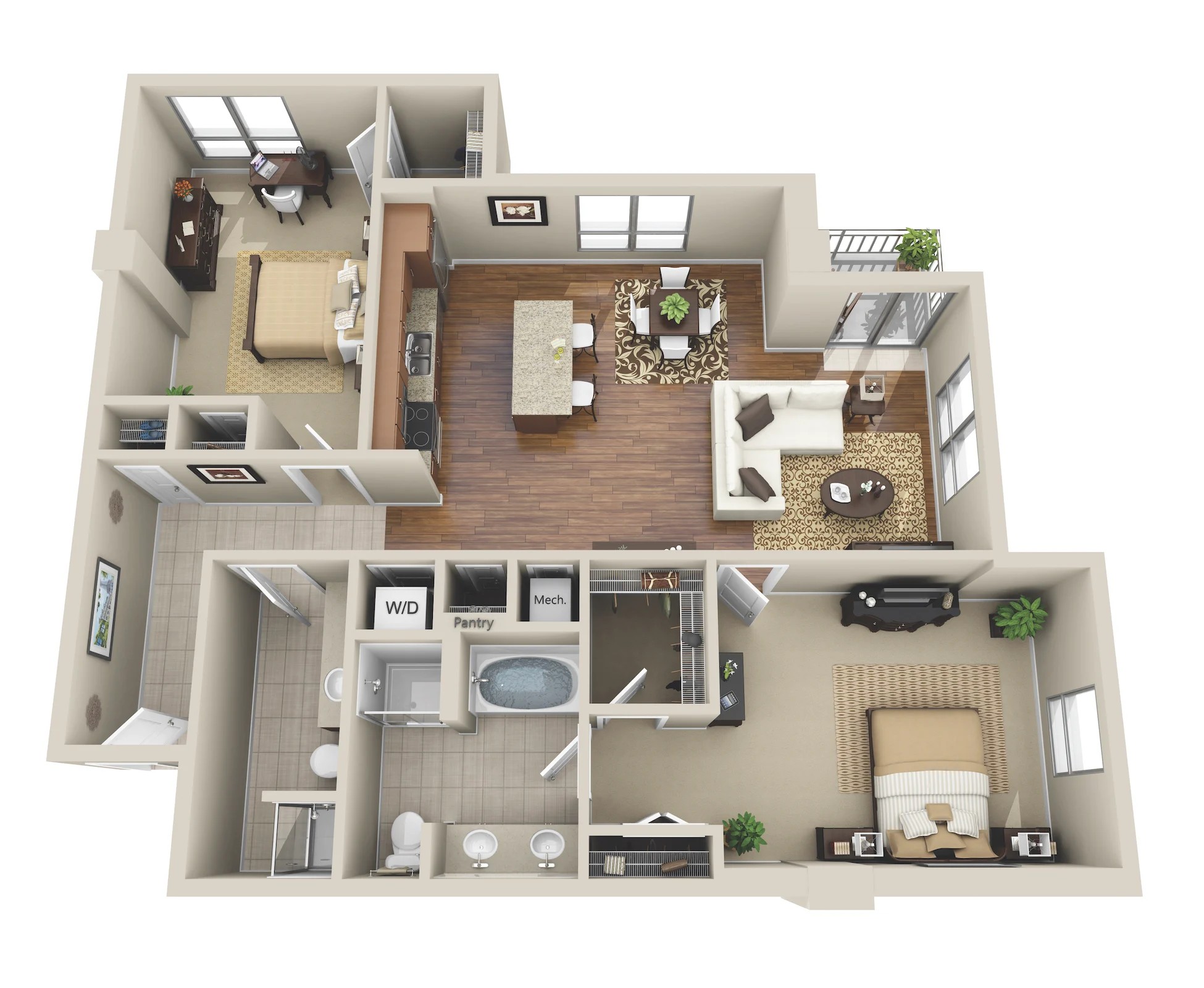 Floor plan for 2 beds, 2 baths, 1271 sqft