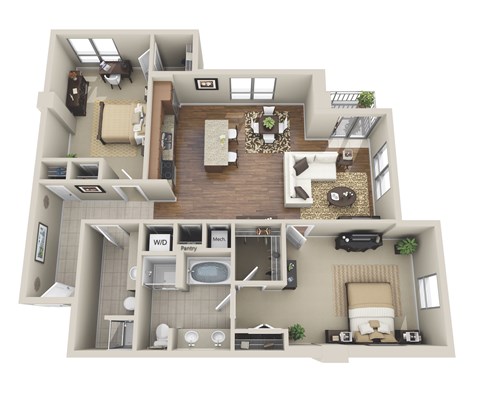 Floor plan for 2 beds, 2 baths, 1271 sqft