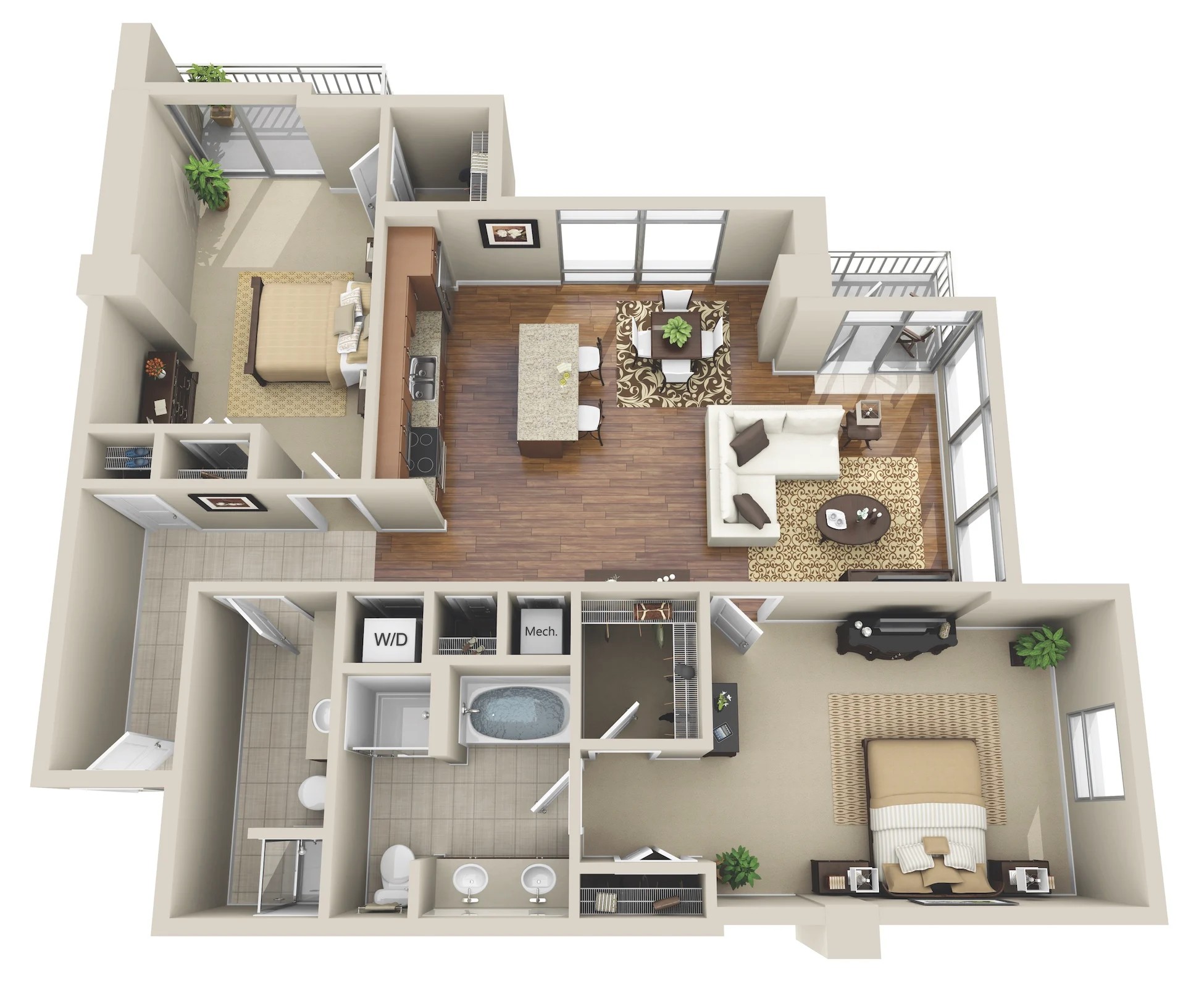 Floor plan for 2 beds, 2 baths, 1273 sqft
