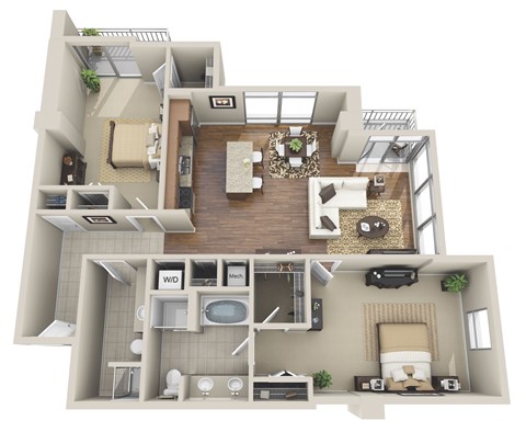 Floor plan for 2 beds, 2 baths, 1273 sqft