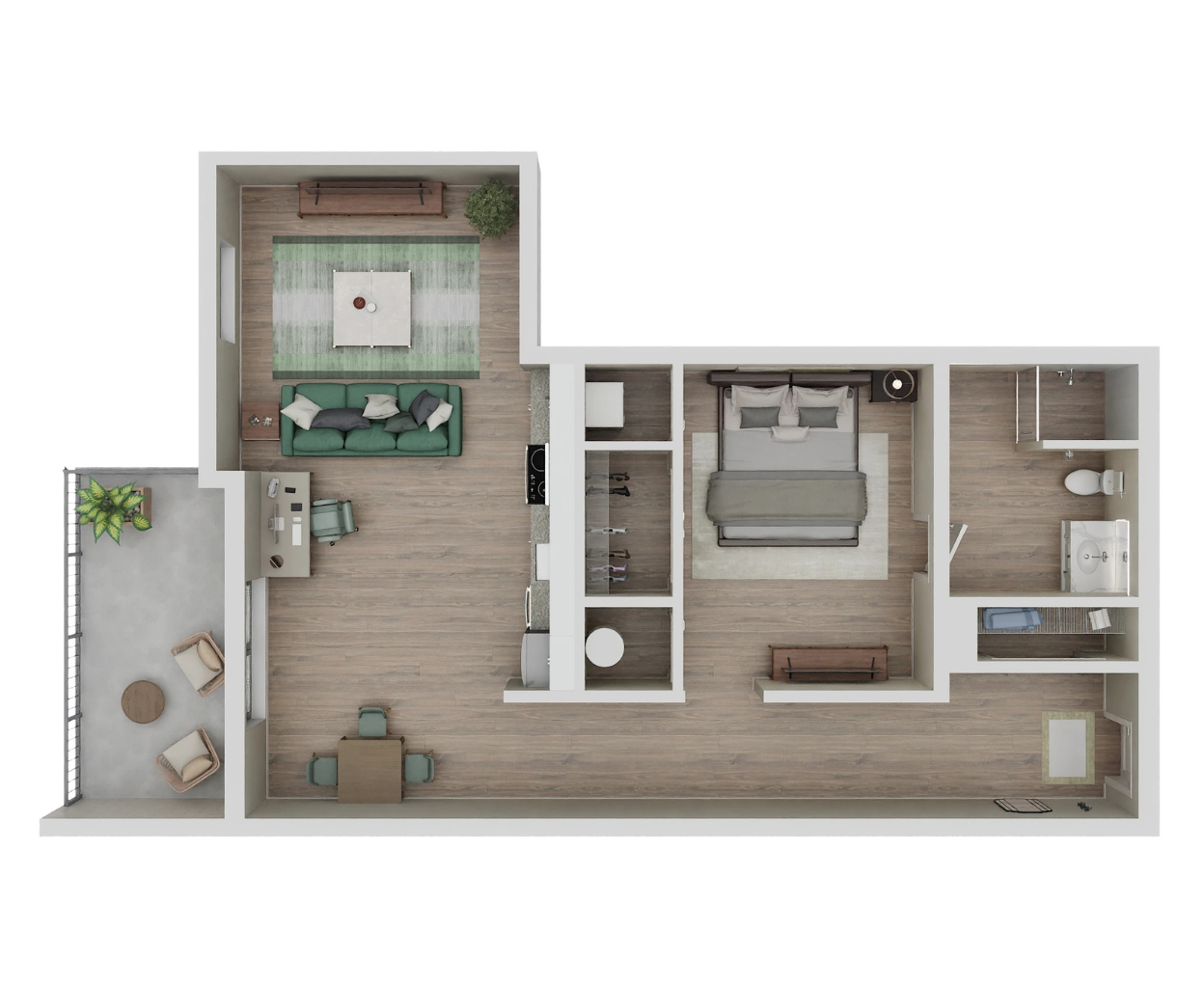 Floor plan for 1 bed, 1 bath, 689 sqft