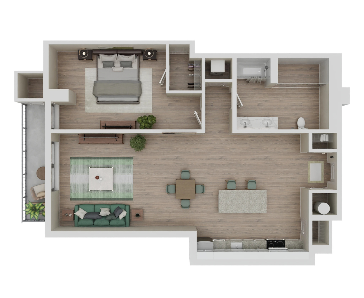 Floor plan for 1 bed, 1 bath, 737 sqft