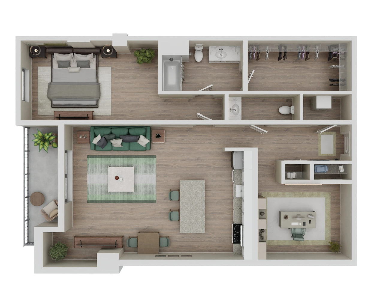 Floor plan for 1 bed, 1 bath, 971 sqft