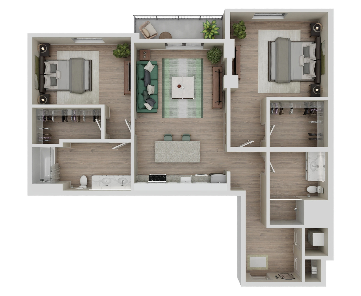 Floor plan for 2 beds, 2 baths, 998 sqft
