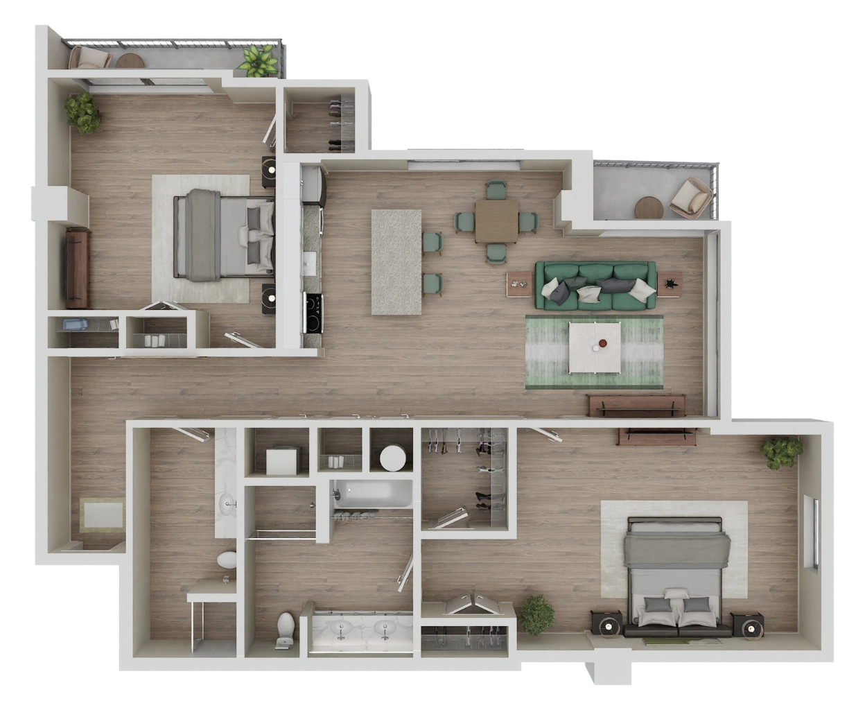 Floor plan for 2 beds, 2 baths, 1273 sqft