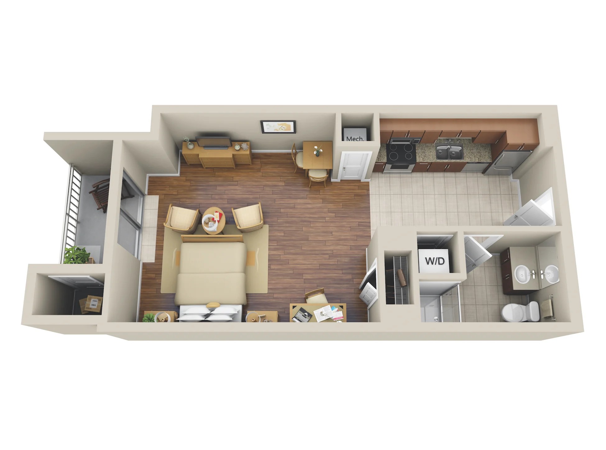 Floor plan for studio, 1 bath, 534 sqft