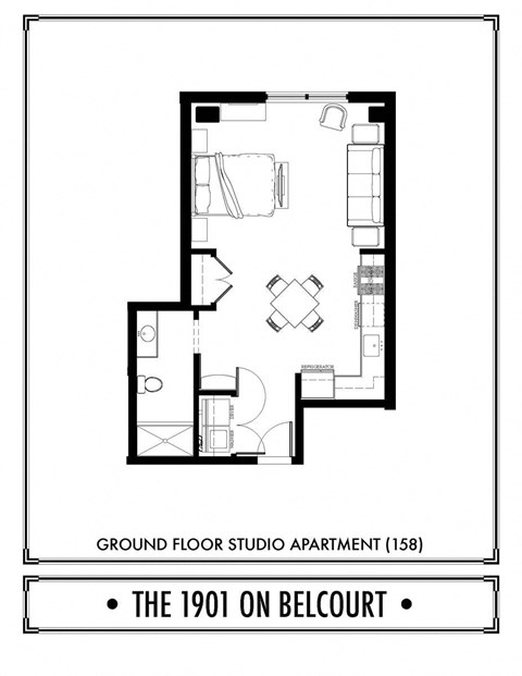 Floor plan for studio, 1 bath, 597 sqft