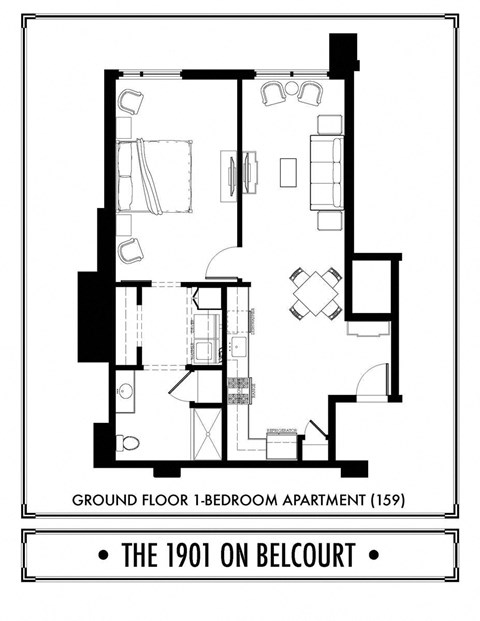 Floor plan for 1 bed, 1 bath, 880 sqft