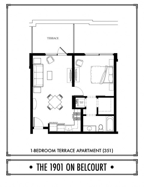 Floor plan for 1 bed, 1 bath, 653 sqft