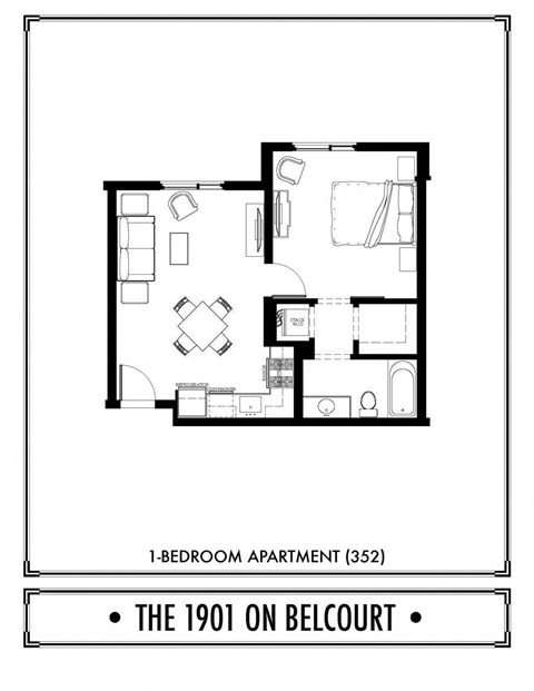Floor plan for 1 bed, 1 bath, 580 sqft
