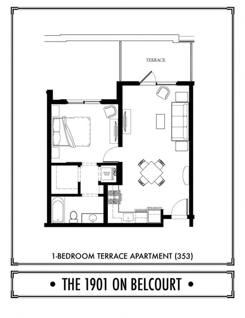 Floor plan for 1 bed, 1 bath, 653 sqft