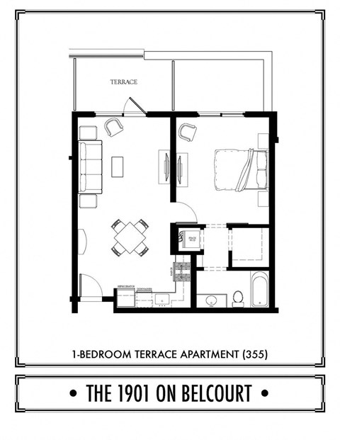 Floor plan for 1 bed, 1 bath, 694 sqft