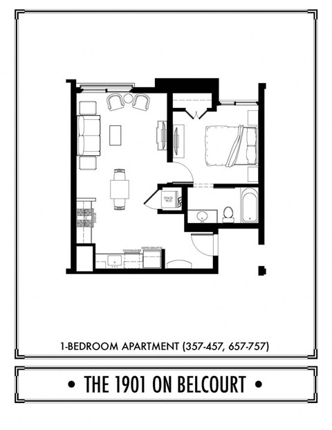 Floor plan for 1 bed, 1 bath, 597 sqft