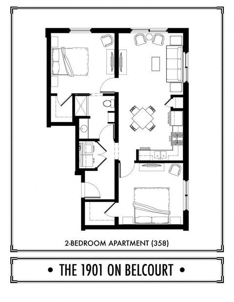 Floor plan for 2 beds, 1 bath, 922 sqft