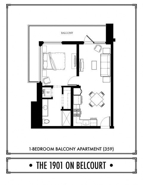 Floor plan for 1 bed, 1 bath, 645 sqft
