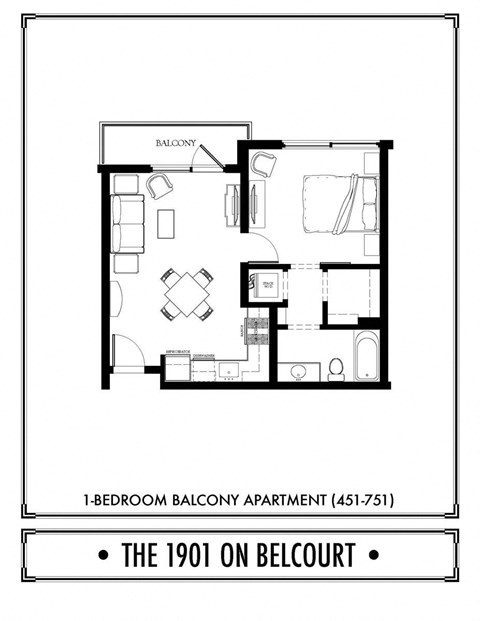 Floor plan for 1 bed, 1 bath, 577 sqft
