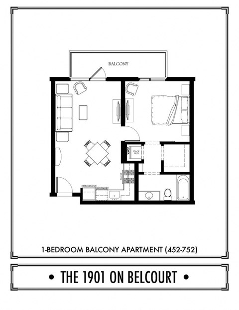 Floor plan for 1 bed, 1 bath, 621 sqft