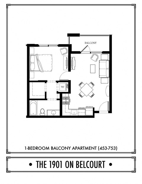 Floor plan for 1 bed, 1 bath, 577 sqft