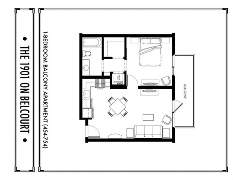Floor plan for 1 bed, 1 bath, 621 sqft