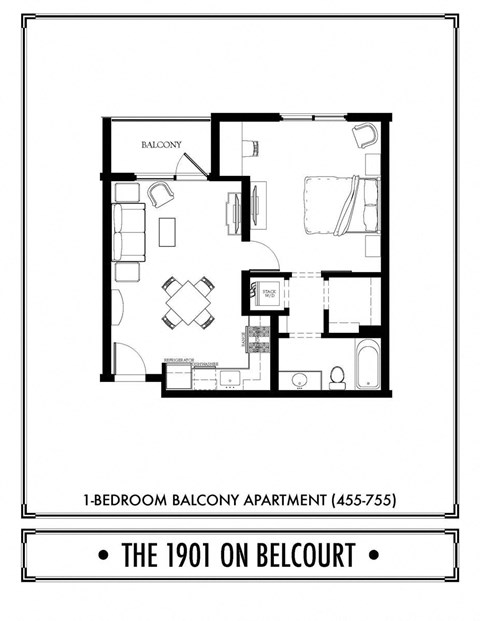 Floor plan for 1 bed, 1 bath, 638 sqft
